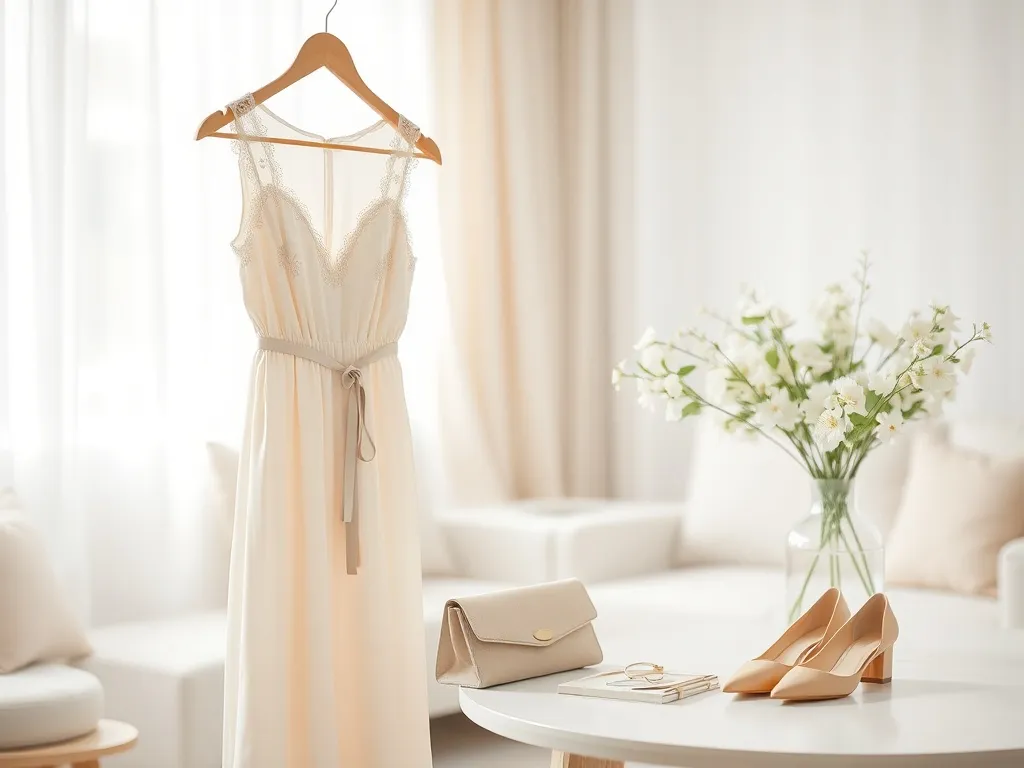 Pastelowa sukienka z koronką na wieszak, obok nude szpilki i kopertówka – stylowa propozycja na komunię.