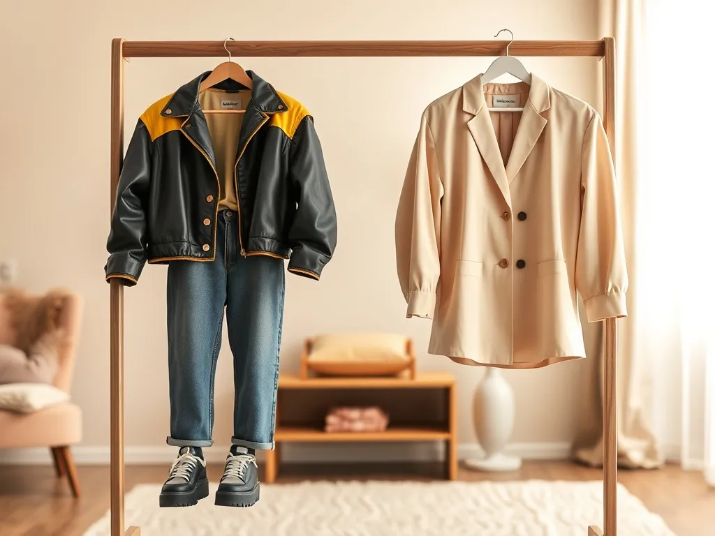 Kontrast wieszaka: krzykliwe ubrania już niemodne vs stonowany, minimalistyczny zestaw jako współczesna alternatywa.