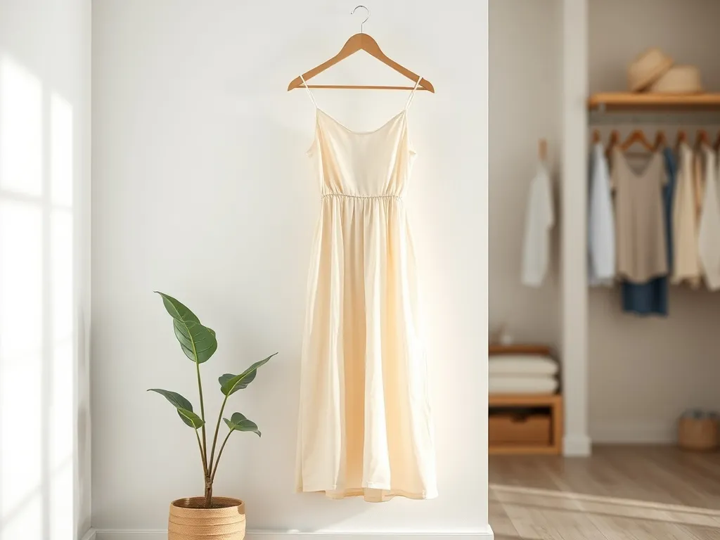 Elegancka letnia sukienka na wieszaku w minimalistycznym wnętrzu, inspiracja na modne stylizacje weselne