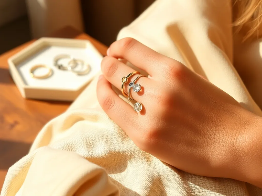 Dłoń kobiety z minimalistycznymi pierścionkami złotymi i srebrnymi na tle beżowej tkaniny, w ciepłym, modnym klimacie.