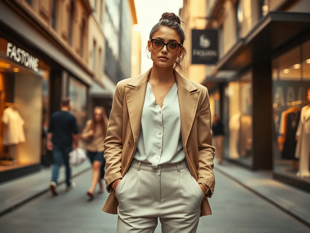 Stylowa osoba w neutralnym stroju pozuje pewnie na miejskiej ulicy, w tle butiki i przechodnie podkreślające modny, urban look.