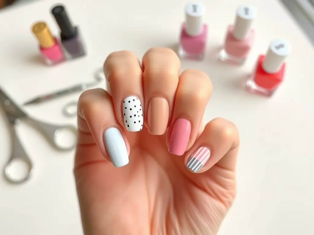 Dłonie z zadbanym manicure w pastelowych i wyrazistych kolorach, z minimalistycznymi wzorami, na tle akcesoriów do paznokci.