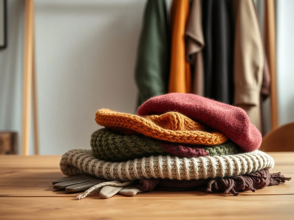 Ciepły jesienno-zimowy zestaw: gruby sweter, szalik, rękawiczki i beret w ziemistych barwach na tle neutralnych płaszczy.