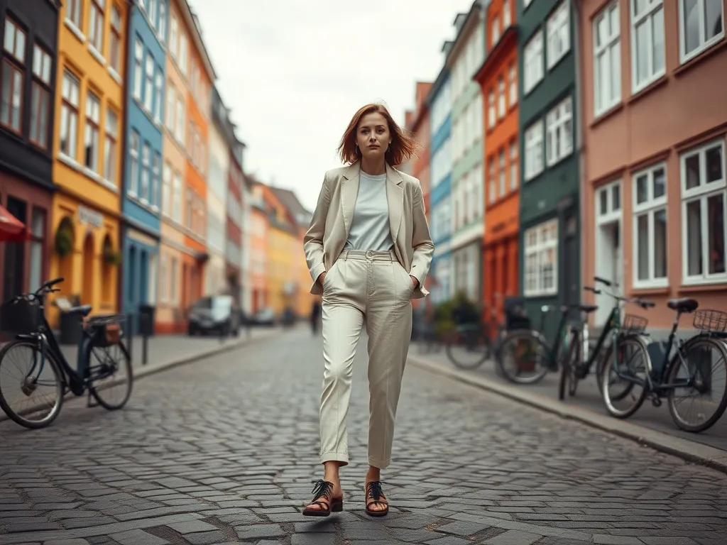 Stylowa osoba na brukowanej ulicy w Kopenhadze, w minimalistycznym stroju, na tle kolorowych kamienic i rowerów.