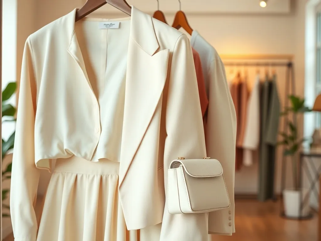 Minimalistyczny zestaw Prada w pastelach na wieszaku, z torebką, w jasnym, eleganckim butiku – wiosenno-letnia inspiracja.