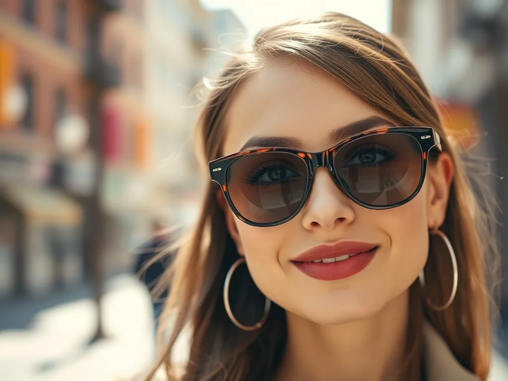 Elegancka kobieta w modnych okularach przeciwsłonecznych, podkreślających kształt oprawek i błyszczące soczewki w miejskim słońcu.