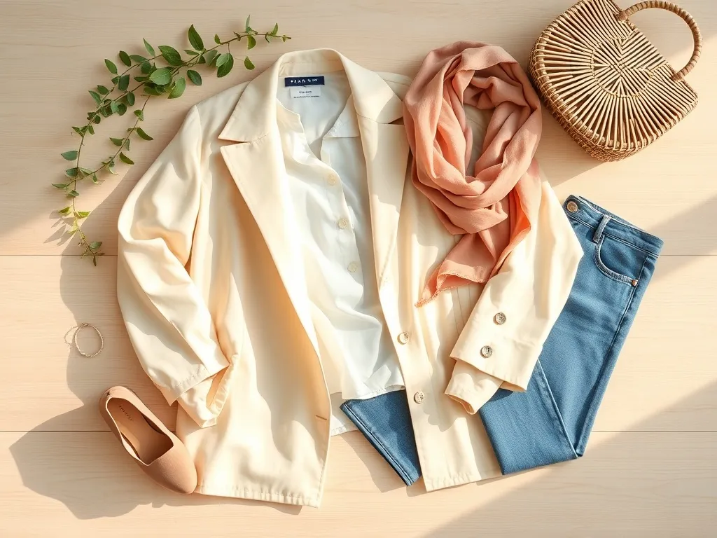 Pastelowa, wiosenna stylizacja z trenczem, jeansami i loafersami w płaskiej kompozycji, podkreślająca świeżość i ponadczasowy styl.