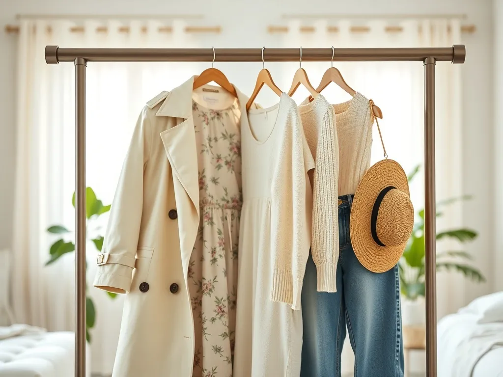 Pastelowe wiosenne stylizacje na wieszaku w minimalistycznej sypialni, inspiracje Pinterest na nowy sezon