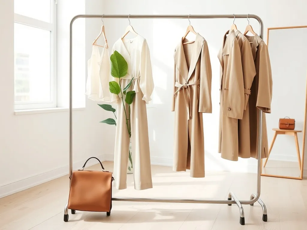 Jasny, minimalistyczny stojak z pastelowymi ubraniami i wyrazistą torebką, zapowiadający trendy mody na sezon SS 2026