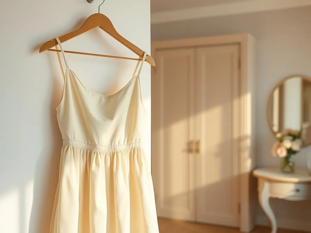 Pastelowa, elegancka sukienka weselna na wieszaku w stylowej, jasnej garderobie o przytulnym, minimalistycznym wystroju.