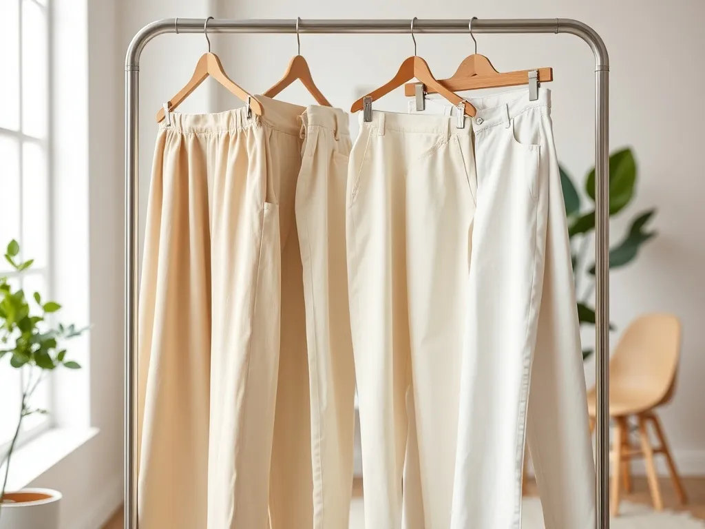 Minimalistyczny stojak z wiosennymi spodniami damskimi w jasnych kolorach, prezentujący różne modne fasony.