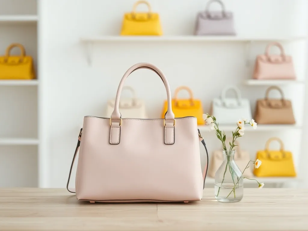 Pastelowa torebka na stole obok wiosennych kwiatów, w tle półki z kolorowymi, modnymi torebkami na wiosnę.