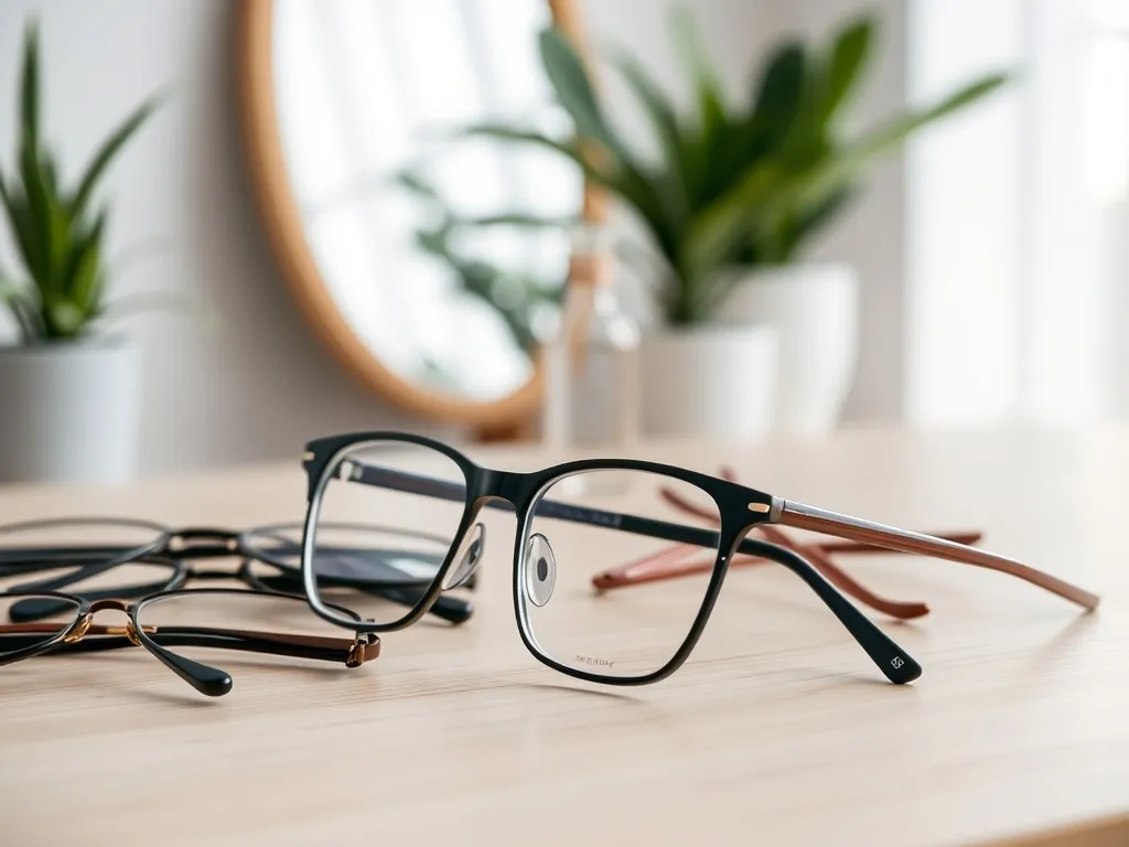 Nowoczesne okulary w różnych kształtach i kolorach leżą na stole w jasnym salonie optycznym, ułatwiając dobór oprawek do twarzy.