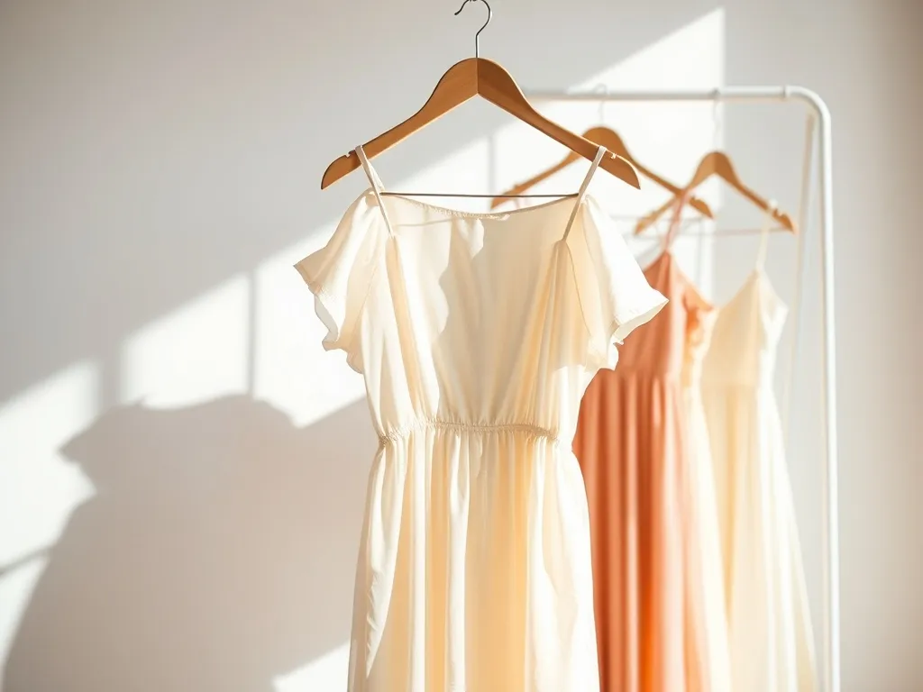 Jasna, zwiewna sukienka na lato na wieszaku, w tle rozmyte letnie fasony; świeża, minimalistyczna atmosfera stylizacji.