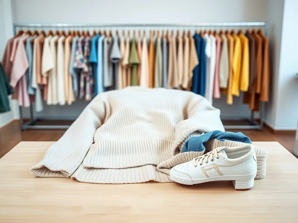 Stylizacja plus size: ciepły sweter, jeansy i sneakersy na tle butiku z modnymi ubraniami w pastelowych kolorach