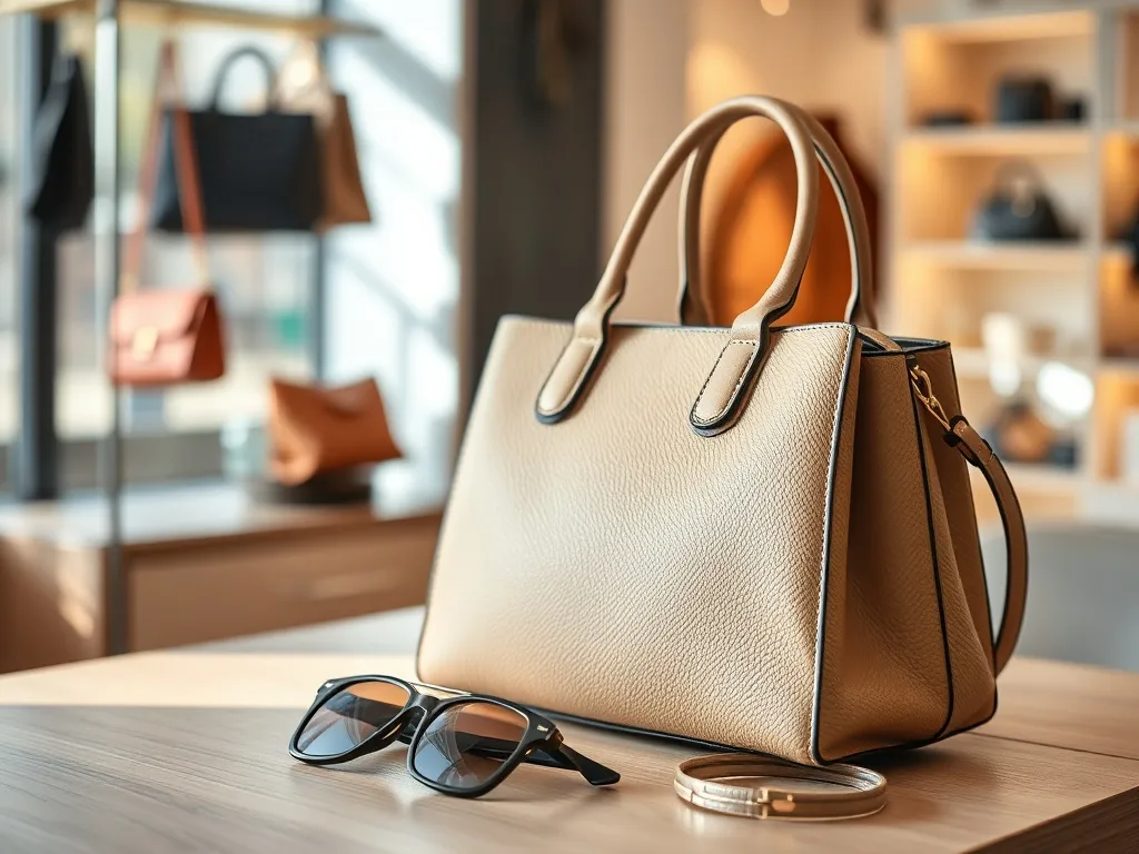 Stylowa torebka na drewnianym stole w butikowym wnętrzu, podkreślająca modne detale i fakturę skóry.