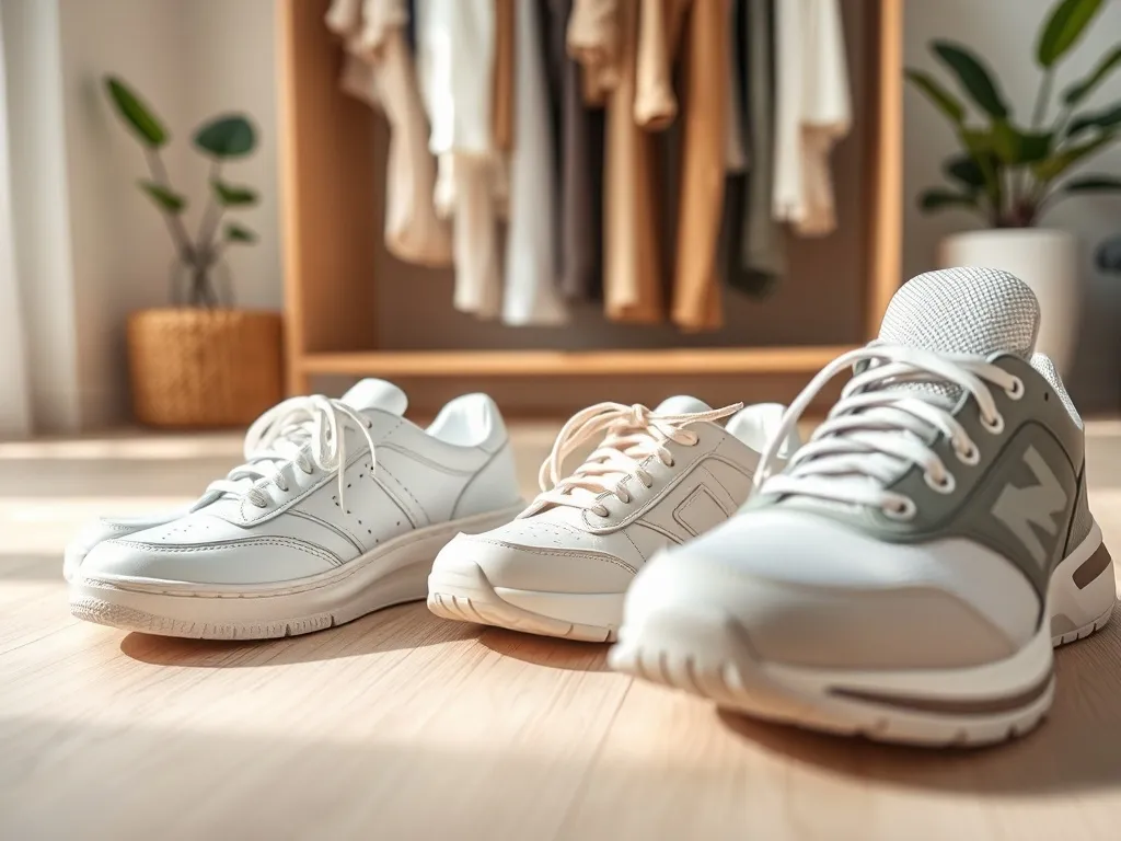 Trzy pary modnych damskich sneakersów na podłodze, prezentujące różne style: klasyczne, masywne pastelowe i sportowe.