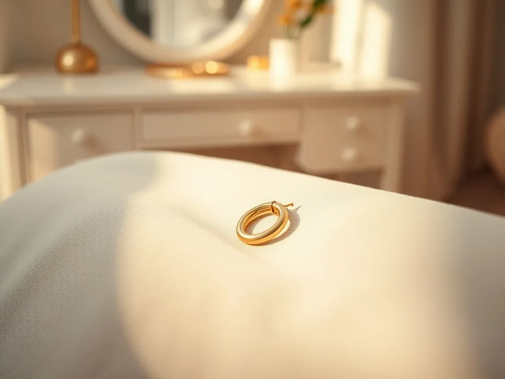 Delikatne złote kolczyki na beżowej tkaninie, w ciepłym świetle, w otoczeniu minimalistycznej, eleganckiej aranżacji.