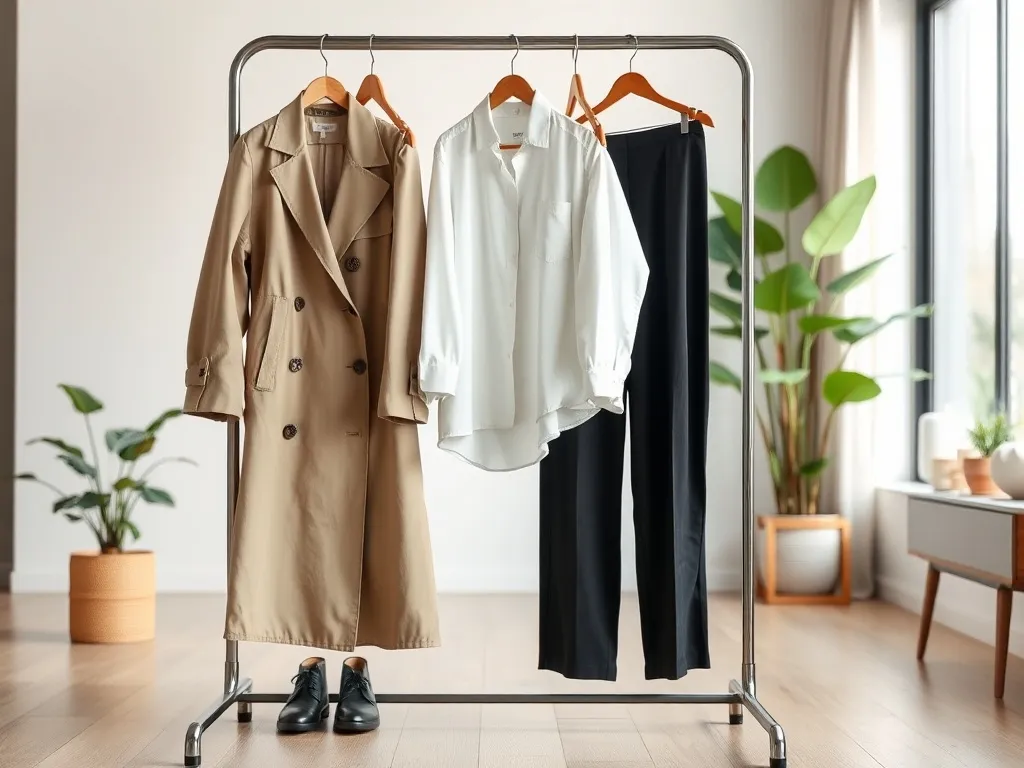 Minimalistyczny stojak z neutralnymi stylizacjami w nowoczesnym, jasnym wnętrzu – przegląd ponadczasowych trendów w modzie