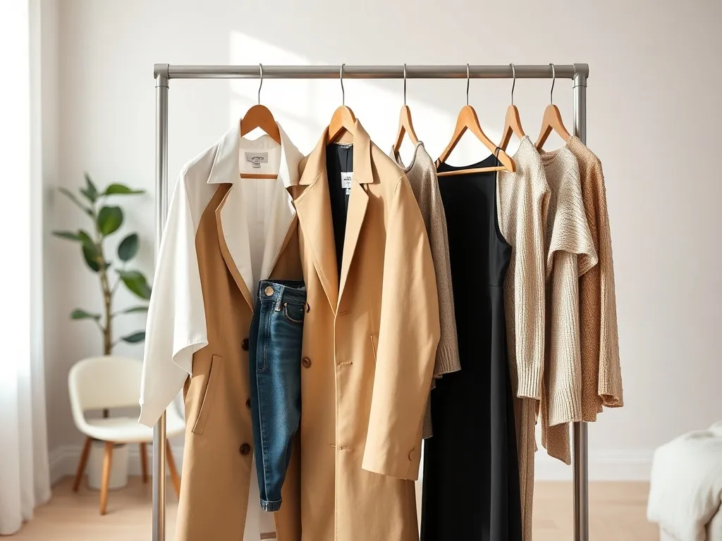 Minimalistyczna garderoba z ponadczasowymi ubraniami w neutralnych kolorach, ilustrująca klasyczne trendy stylu.