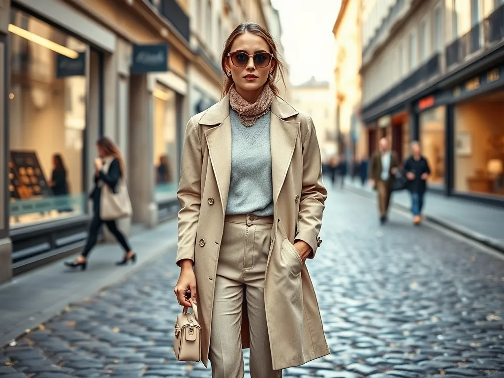 Elegancka kobieta na brukowanej ulicy prezentuje warstwową stylizację w pastelach, zapowiadając nadchodzące polskie trendy modowe.
