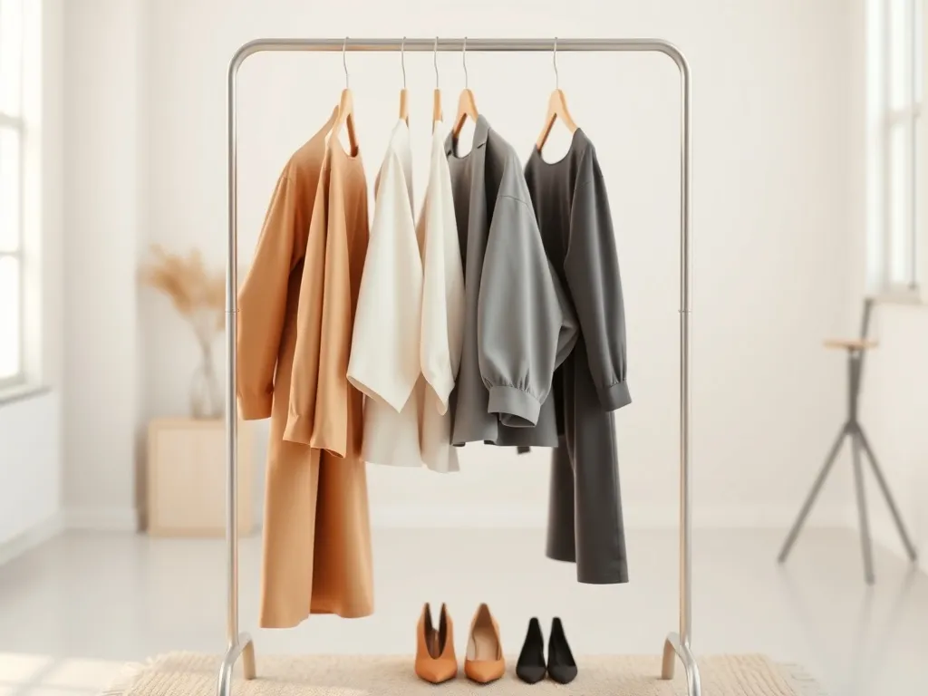 Minimalistyczny stojak z modnymi ubraniami w pastelach i mocnych kolorach, obok nowoczesne buty i torebka w jasnym studio.