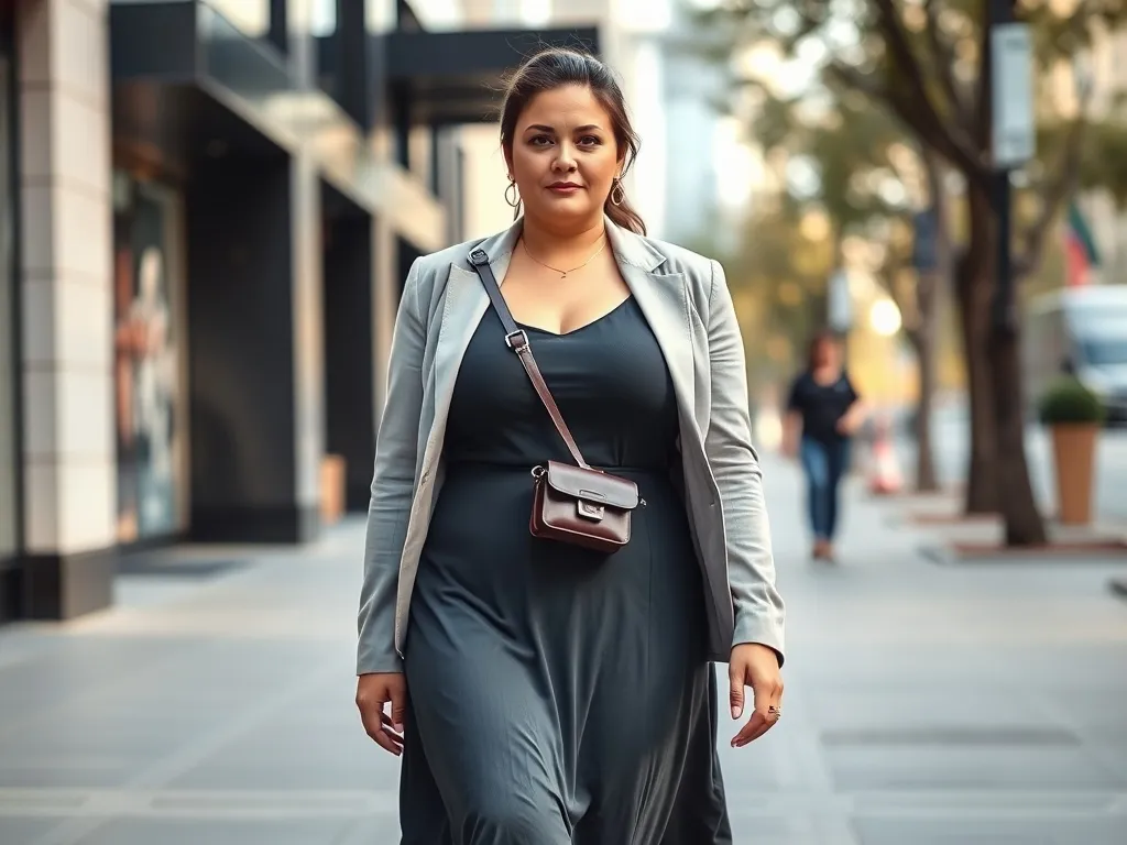Pewna siebie kobieta plus size w modnej sukience midi i sneakersach spaceruje ulicą, prezentując codzienny miejski look.