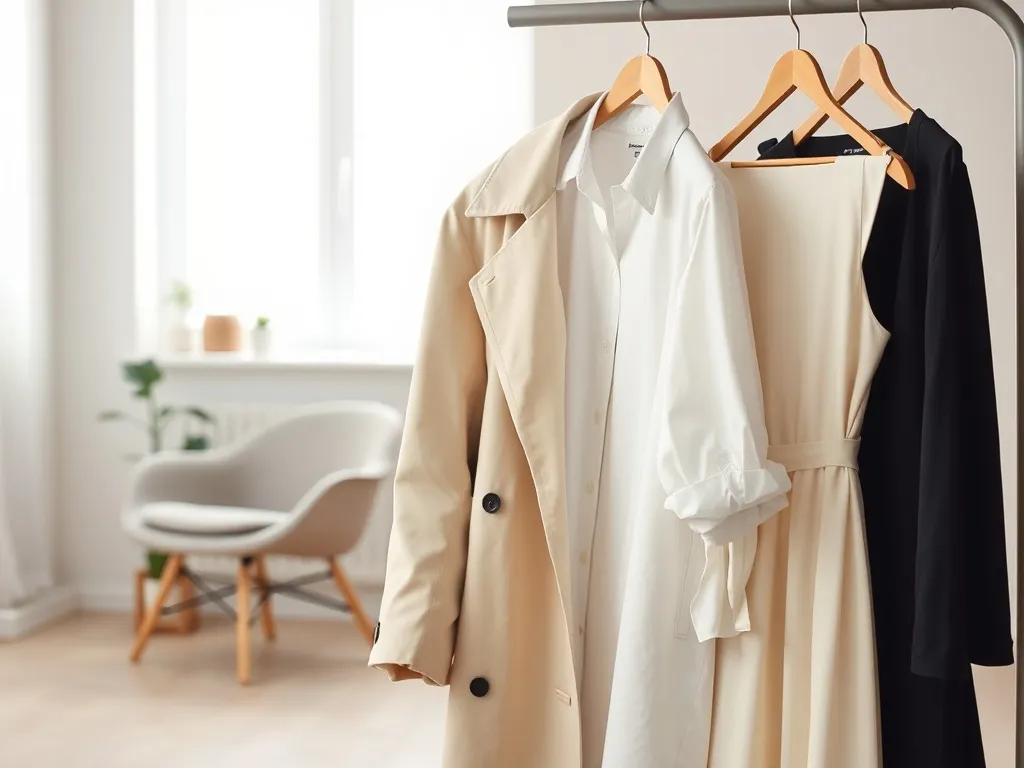 Minimalistyczny wieszak z klasycznymi ubraniami w neutralnych barwach, tworzący inspirację do modnych, eleganckich stylizacji.
