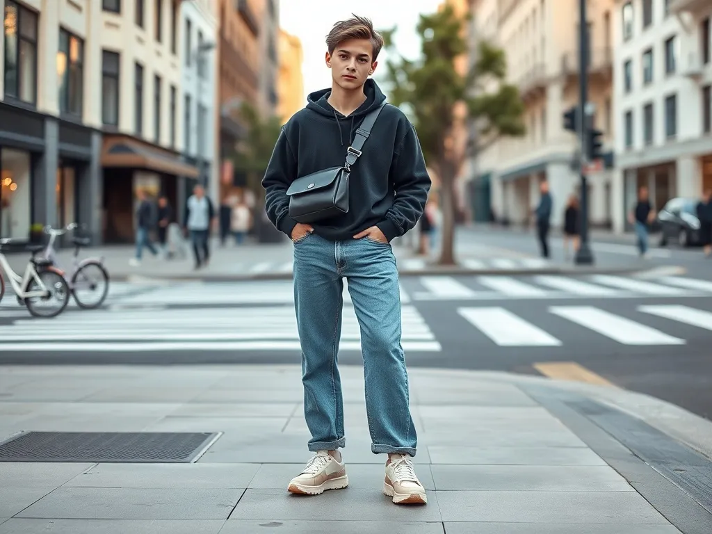 Osoba w oversize’owej bluzie, szerokich dżinsach i sneakersach prezentuje casualowy streetwear na tle nowoczesnej ulicy.