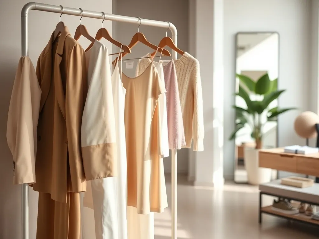 Minimalistyczny wieszak z modnymi ubraniami w neutralnych i pastelowych kolorach, zapowiadającymi top trendy sezonu.