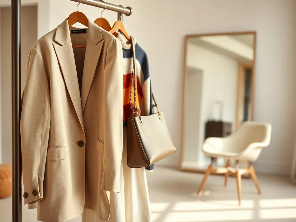 Minimalistyczny stojak z oversize’ową marynarką, szerokimi spodniami i kolorowym swetrem, zapowiedź nadchodzących trendów modowych