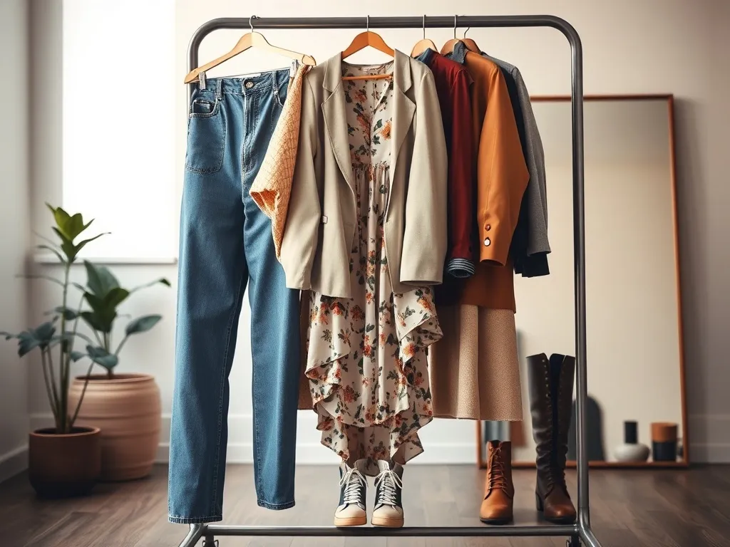 Wieszak z mieszanką vintage i nowoczesnych ubrań, pokazujący powrót dawnych trendów w modzie w przytulnym, minimalistycznym wnętrzu.