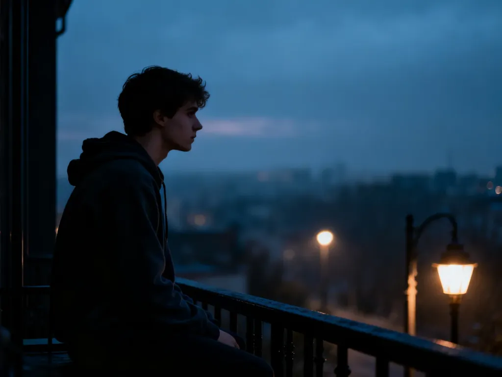 Samotny młody mężczyzna w kapturze siedzi na balkonie, patrząc na nocne miasto, co oddaje melancholijny nastrój doomerów.