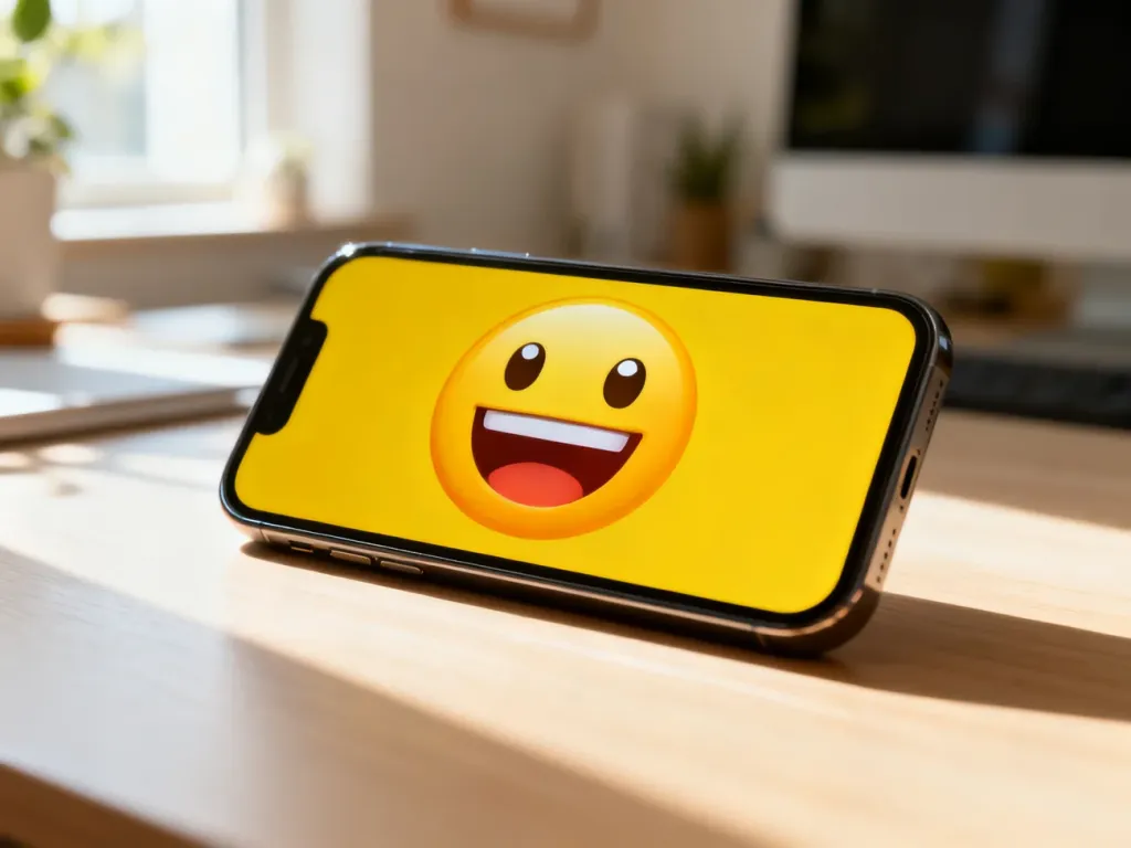 Smartfon z wyświetloną roześmianą emotikoną leżący na drewnianym biurku w słonecznym domowym biurze.